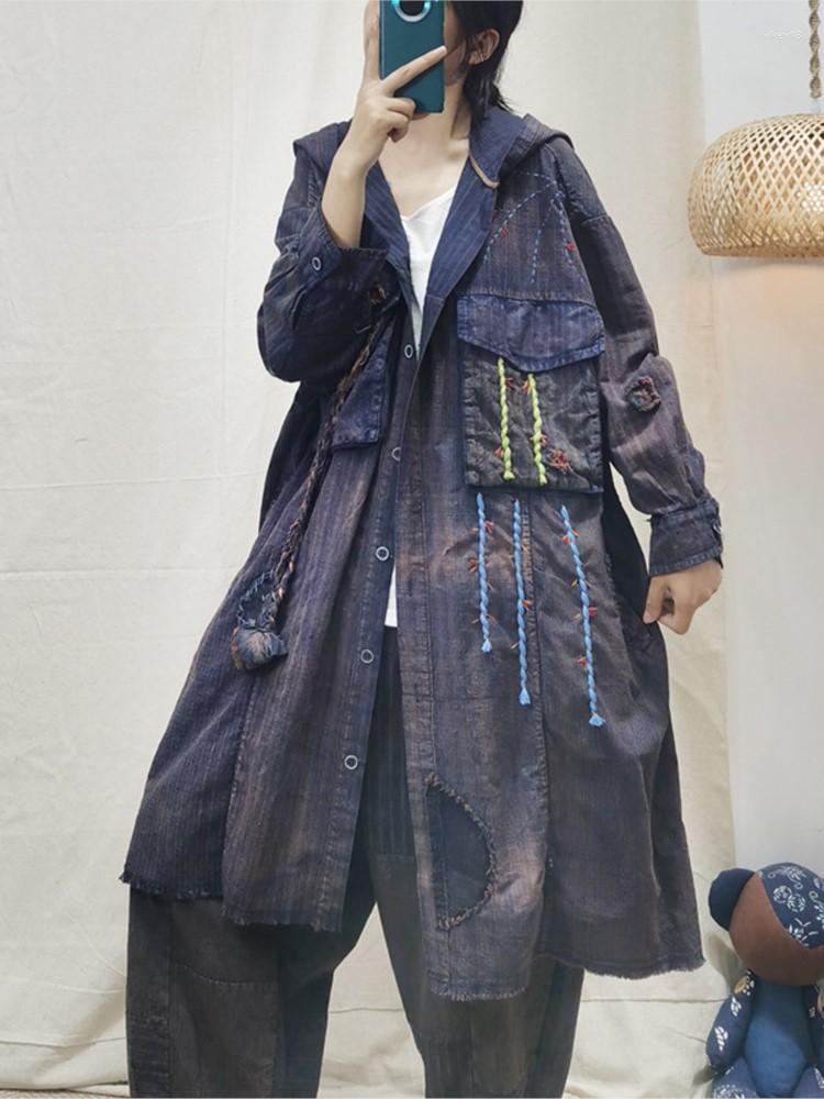 

Women's Trench Coats Women Old Cloth Outwear 2022 Autumn Casual Loose Long Jacket Tops Ladies Retro Hooded Button Embroidery Coat, Photo color