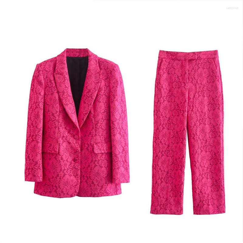 

Women's Suits ZAA Autumn 2022 Ladies Fashion Retro Casual Lapel Single Breasted Chic Elegant Office Lace Fabric Quality Slim Suit Jacket, As shown