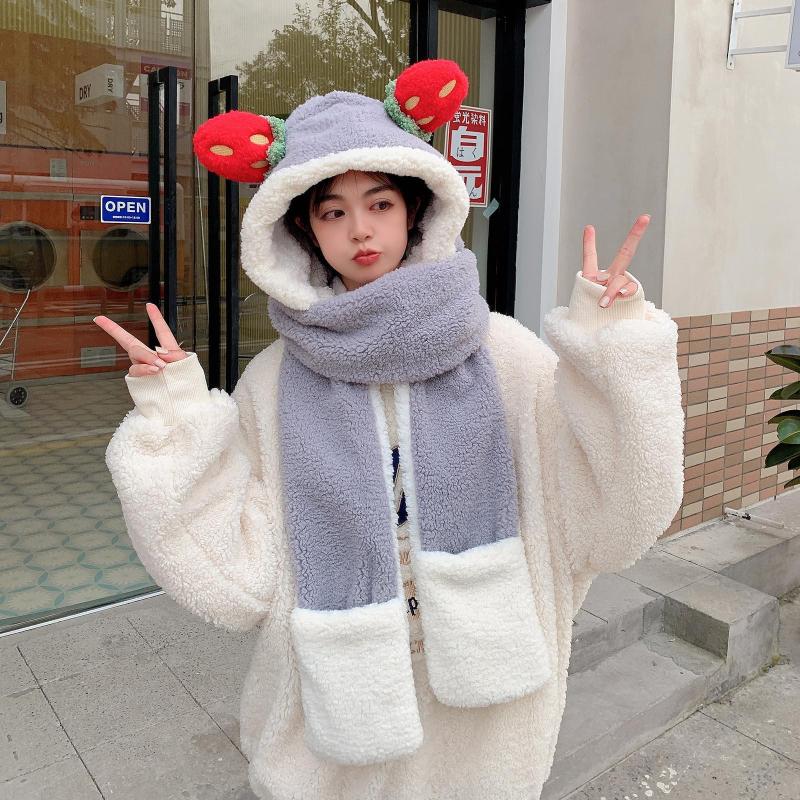

Berets Women Winter Slouchy Knit Warm Cute Strawberry Hats Wool Cap Scarf Gloves Three In One For Men Large Head, Grey