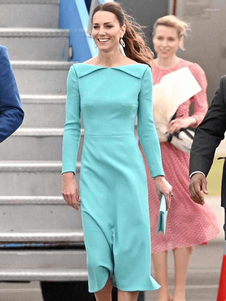 

Casual Dresses Kate Princess Spring Autumn High Quality Designer Women' Street Slim Dress Fashion Celebrity Party Elegant, Sky blue