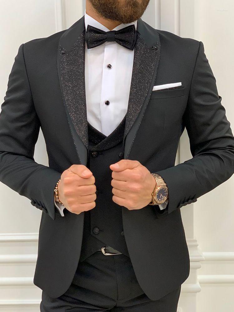 

Men's Suits Black Clothing Luxury Party Stage Men's Suit Groomsmen Regular Fit Tuxedo 3 Peice Set Jacket Vest Pants Blazer Sets