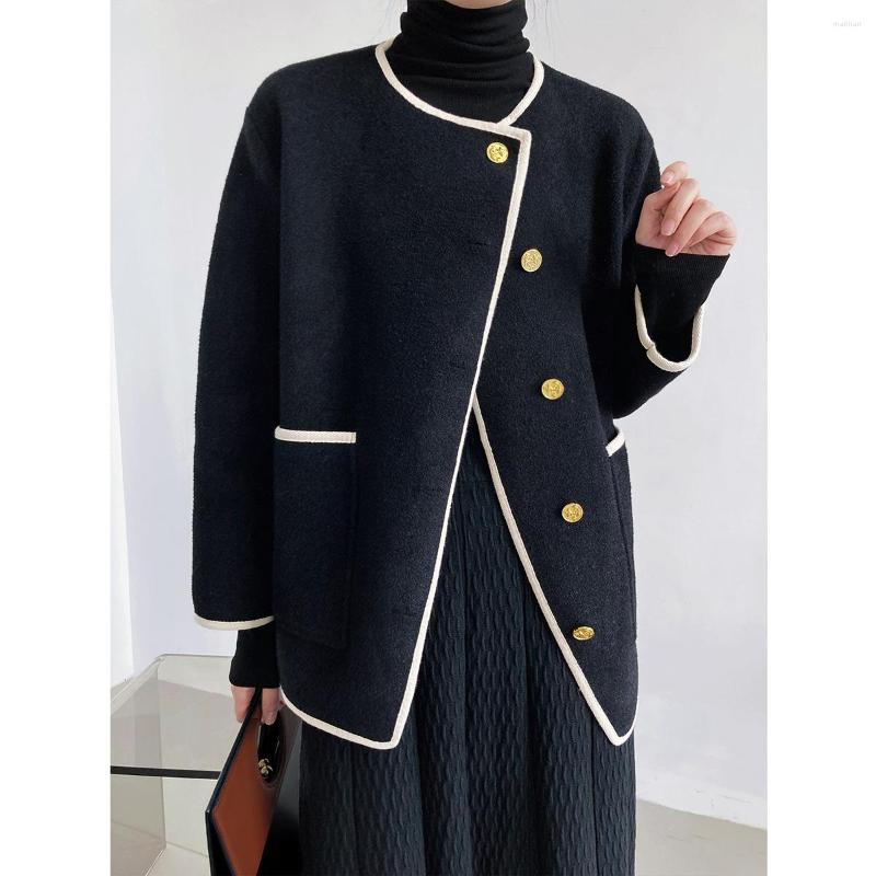 

Women's Trench Coats Slant Placket Metal Button Woolen Coat 2 Kinds Of Double-sided Cloth, Black