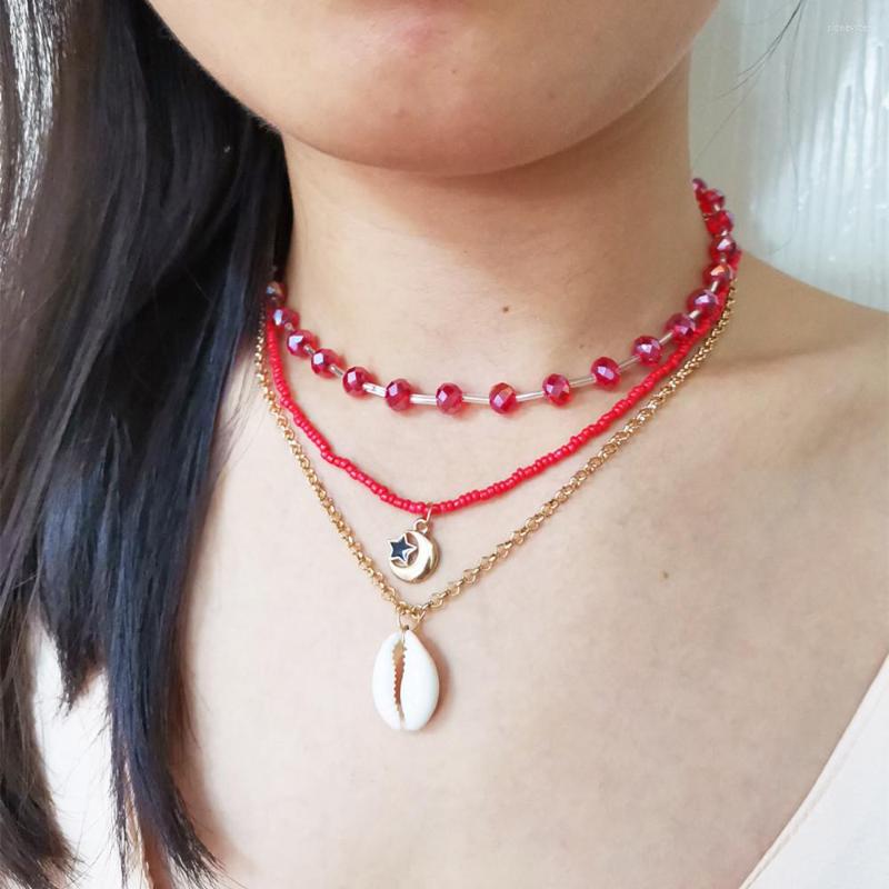 

Choker HC Bohemia 2 Pieces/Set Summer Shell Moon Star Pendant Necklace Ethnic Seed Beads Alloy Chain Clavicle Jewelry For Women