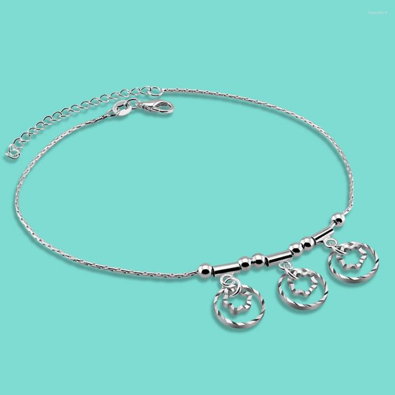 

Anklets 925 Sterling Silver For Femal Concise Style Flower Pendant 28cm Chain Solid Body Jewelry Gift