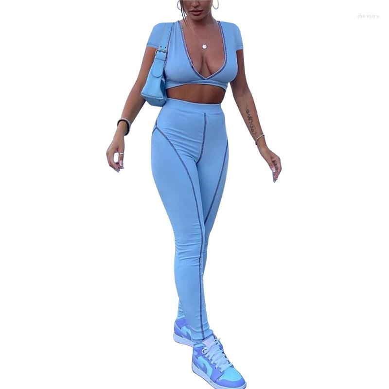 

Women' Two Piece Pants Simple Pure Color Deep V Neck Short Sleeve Bro And Sexy Tight Club Party Lady Fashion Tracksuits, Blue