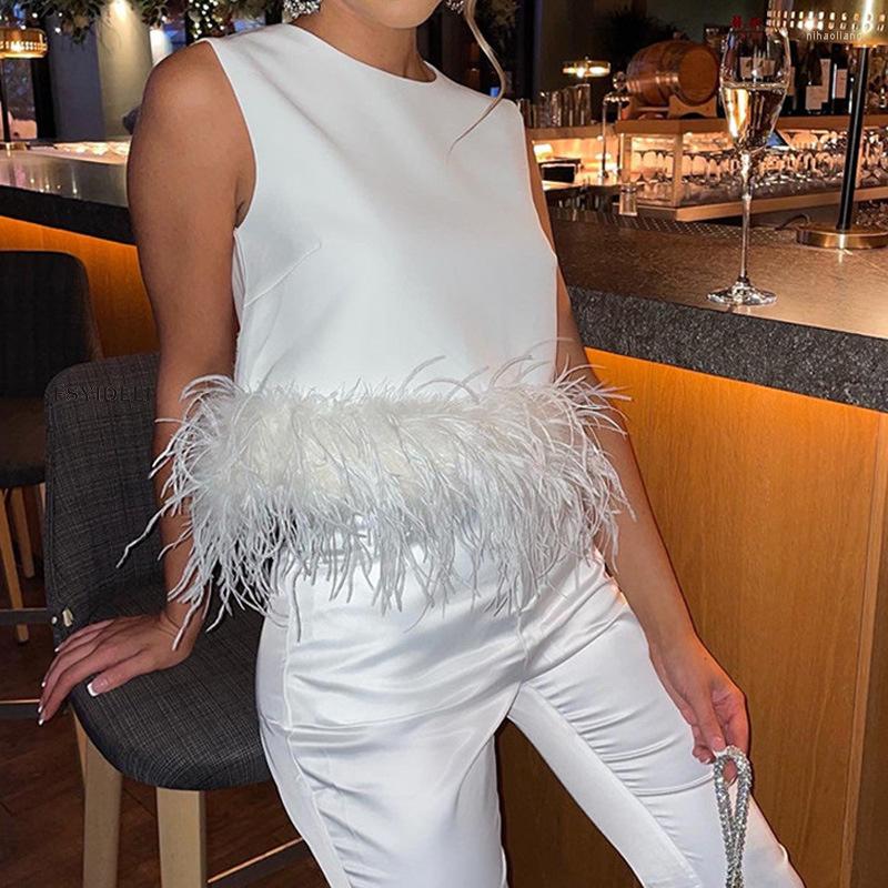 

Women' Tanks Zabrina T-shirt Vest Camis Sleeveless O-neck Female Ins Clothes Summer Off Shoulder Tops For Woman Feather Hem Short Top Solid, Black