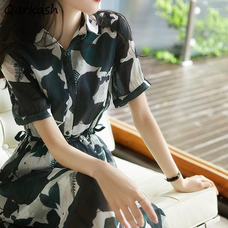 

Party Dresses Dress Women Vintage Print Short Sleeve Fashion Shirring Slim A-line Elegant All-match Korean Style Summer Vestido Chic, Green
