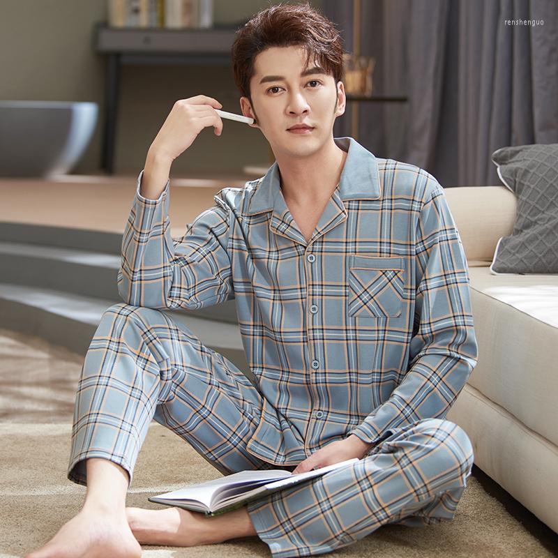 

Men's Sleepwear Men Pajamas Sets Full Pure Cotton Pyjamas Male Nightwear Long Sleeve Printed Plaid Casual Pijama Hombre, Lx-71137 fog blue