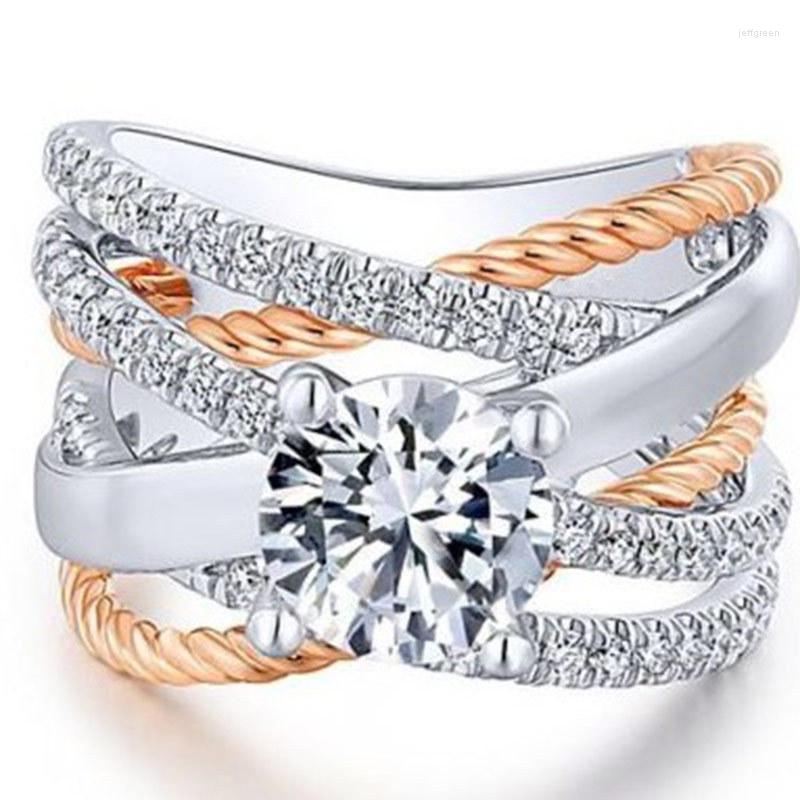 

Wedding Rings Fashion Wide Cross For Women Rose Gold & Silver Ring Cubic Zirconia Multilayer Bague Anillos Mujer Femme Jewelry