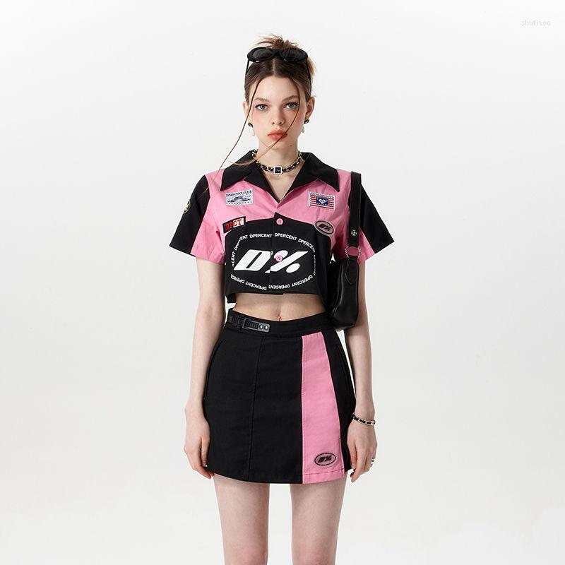 

Work Dresses Streetwear Cool Y2K Motorcycle Suit Summer 2000s Aesthetic Mini Dress Pink Outfits For Women Two 2 Piece Cute Skirt Set, Top skirt