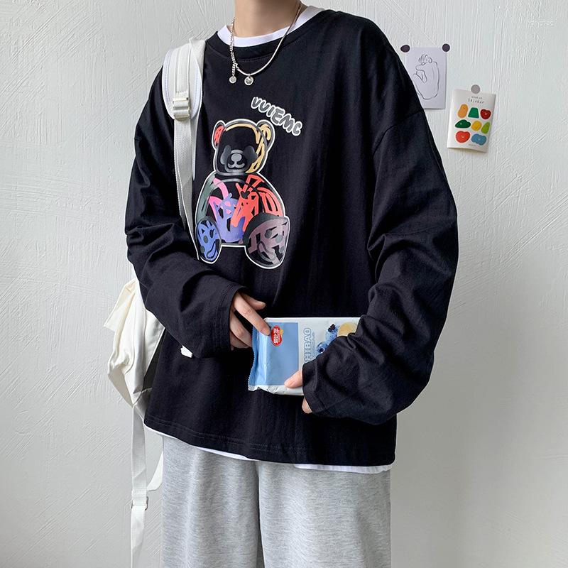 

Men's T Shirts Ins Cartoon Printed Long-sleeved T-shirt Male Korean Version Of The Spring And Autumn Loose Couple Wild Trend Outer Wear, Black