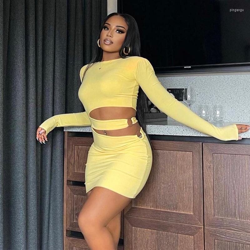 

Casual Dresses DSMTRC Summer Fall Women Fashion Sexy Outfits Y2K Streetwear 2022 Solid Long Sleeves O Neck Hollow Out Slim Bodycon Mini, Yellow