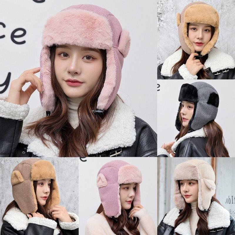 

Berets Women Ski Cap Faux Fur Winter Ushanka Russian Trapper Hat Earflap Bonnet Bomber Hats, Khaki