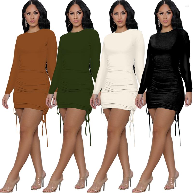 

Casual Dresses Women Drawstring Pleated Mini Dress Round Neck Solid Color Slimming Vestidos Long Sleeve Waist Bag-hip Party Streetwear, Green