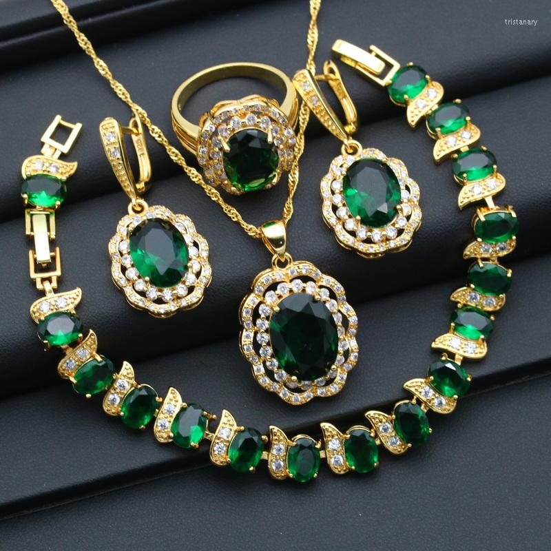 

Necklace Earrings Set Gold Color Bridal For Women Wedding Emerald Blue Zirconia Pendant Ring Bracelet Chain Christmas Gift, Picture shown