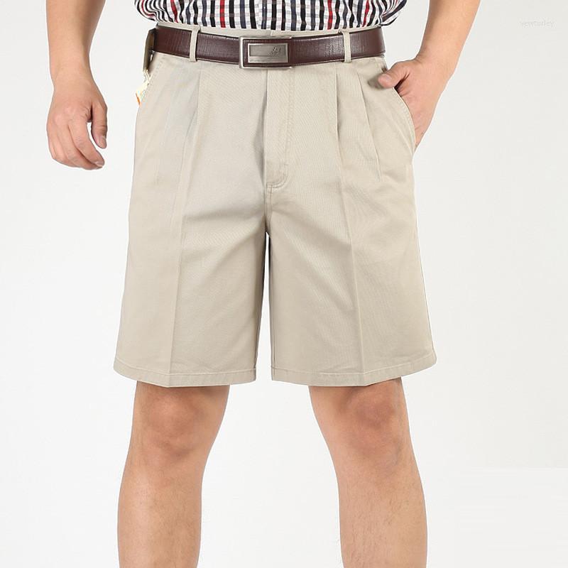 

Men's Shorts Summer Men's Double Pleated Cotton High Waist Loose Fve-point Thin Middle-aged Casual Pants More Size 30-46, Dark khaki