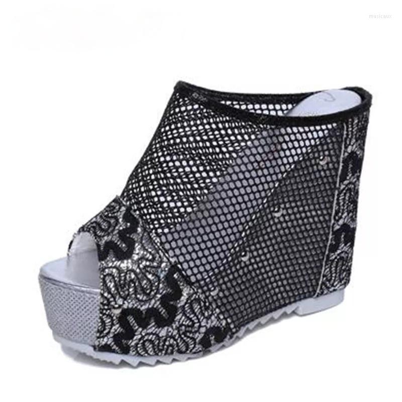 

Slippers 2022 Fashion High-heeled Women 12CM Platform Wedges Sandals Slide Lace Peep Toe Women's Summer Shoes, Beige-2