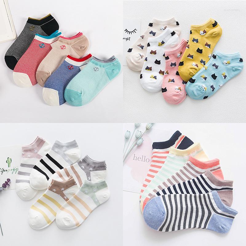 

Women Socks SP&CITY 5 Pairs Summer Cartoon Cotton Ankle Patterned Cute Boat Low Candy Color Breathable Striped Thin Sock, Wide strips