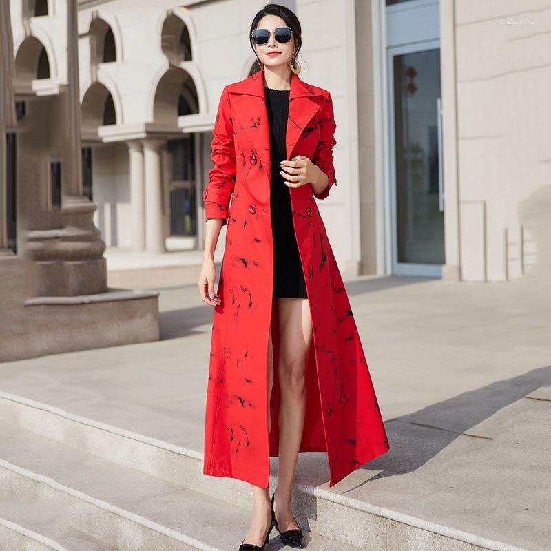 

Women' Trench Coats Women' Coat Casual Long Overcoat Loose Outerwear With Belt Spring Autumn Fashion Double-breasted Windbreaker Femme, Red