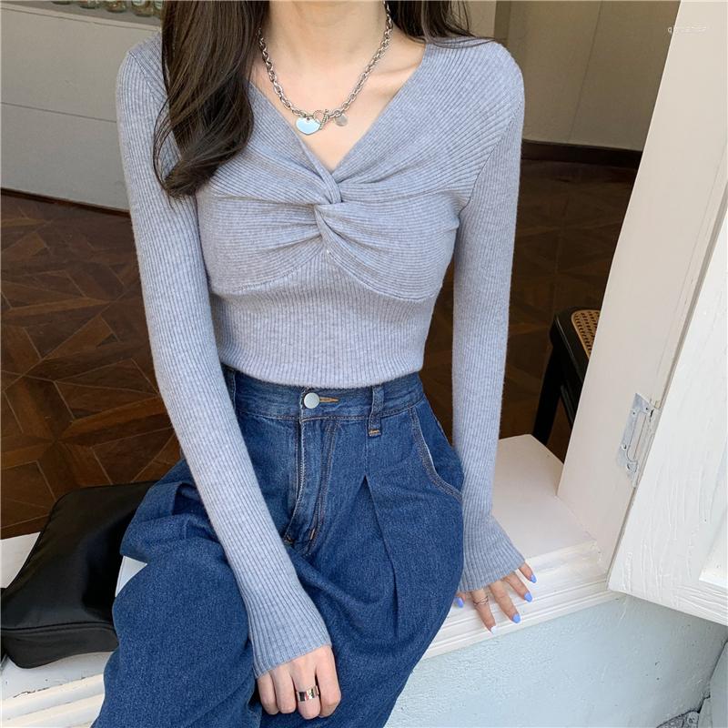 

Women's Sweaters Retro Chic Solid V-neck Cross Top Long-sleeved Knitted Bottoming Shirt 2022 Spring And Autumn Clothing Women, Gray