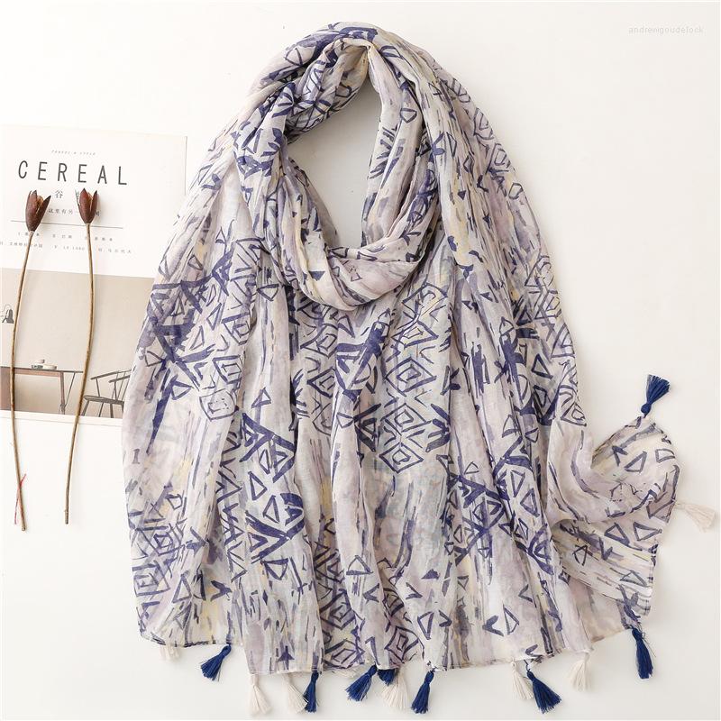 

Scarves Visrover Summer Blue Shawl European Geometric Scarf For Women Viscose Bohemian Fashion Beach Hijab Wholesales
