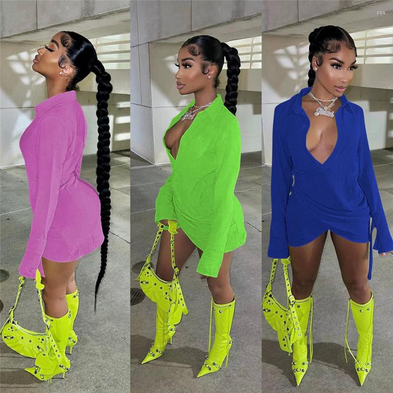 

Casual Dresses Autumn Solid Asymmetrical Mini Dress Women Sexy Cleavage Full Sleeve Low Neck Cross Robe Female Body-shaping Street, Blue