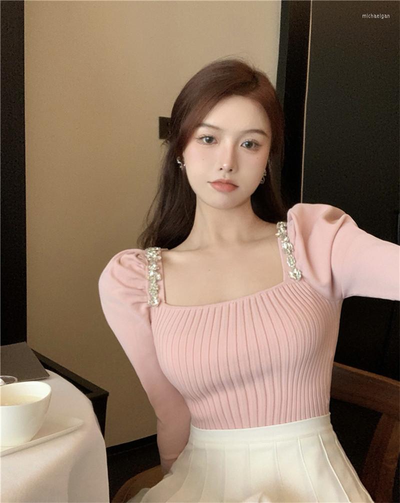

Women's Sweaters Gentle Diamond Chain Square Neck Long-sleeved Bottoming Knit Pullover Sweater Top 2022 Spring And Autumn Clothing Women, Black