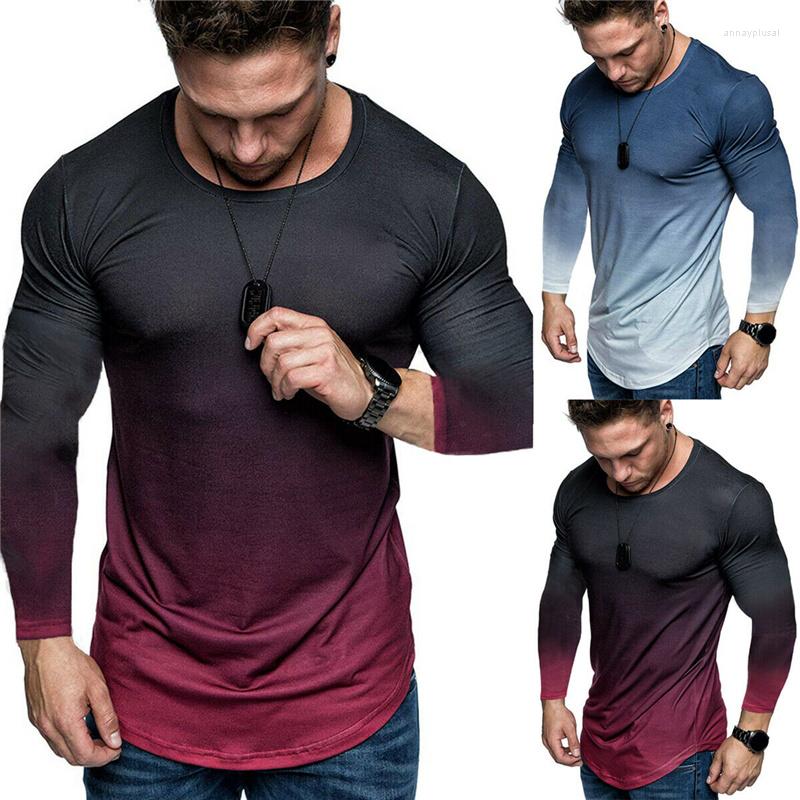 

Men's T Shirts Gradient Color Long Sleeve T-shirt Slim Fit Curved Hem Crew Neck Top Cloth /L/XL/2XL/3XL, Blue