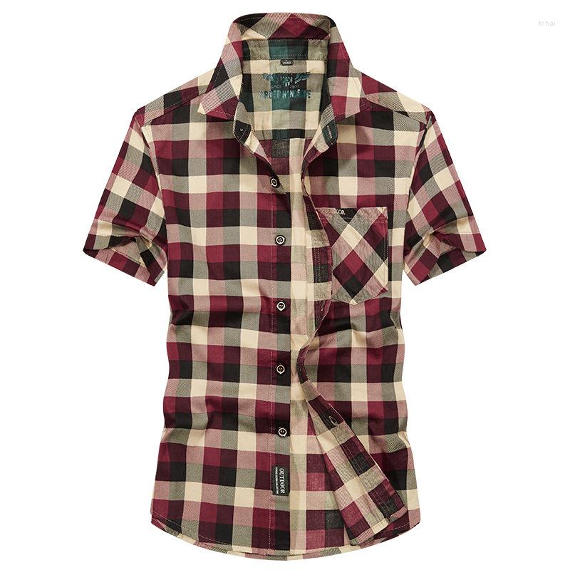 

Men's Casual Shirts Summer Plaid Shirt Men Military Cotton Short Sleeve Turn Down Collar Button Up Camisas Para Hombre Large Size -4XL, Red