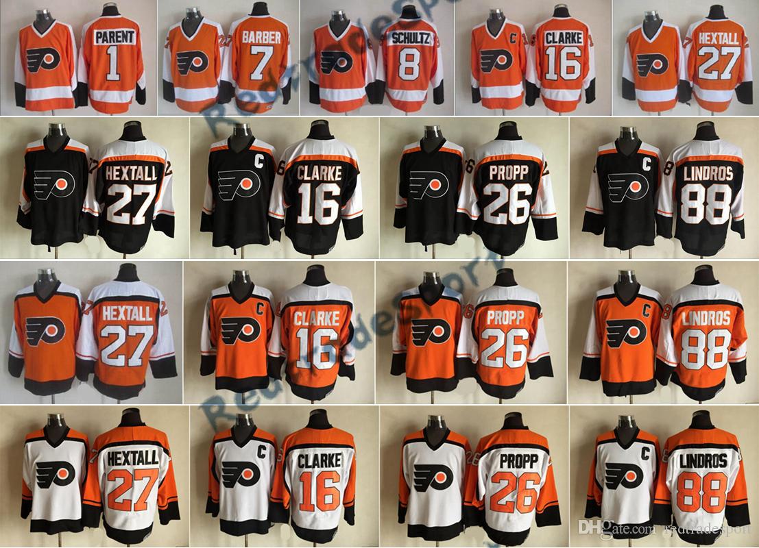 

Vintage Philadelphia Flyers 1 Bernie Parent 8 Dave Schultz Bill Barber Ron Hextall 88 Eric Lindros Brian Propp Bobby Clarke Hockey Jersey, Orange black 88