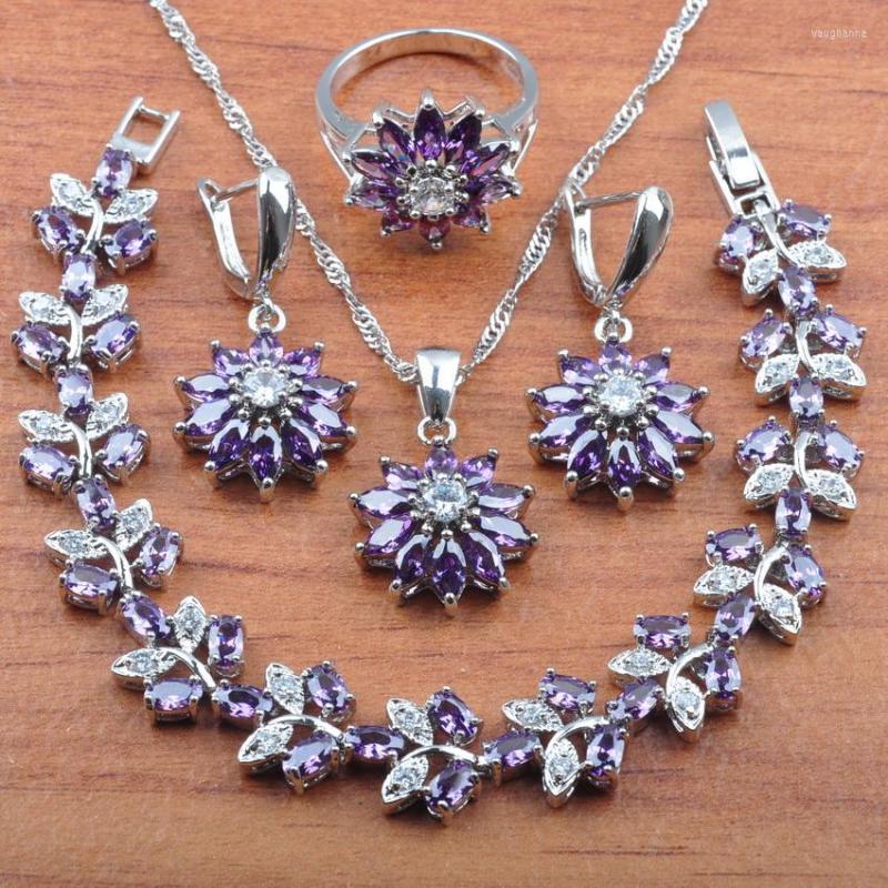 

Necklace Earrings Set Natural Austrian Purple Crystal Wedding 925 Silver And Pendant Rings Bracelet JS0437, Picture shown
