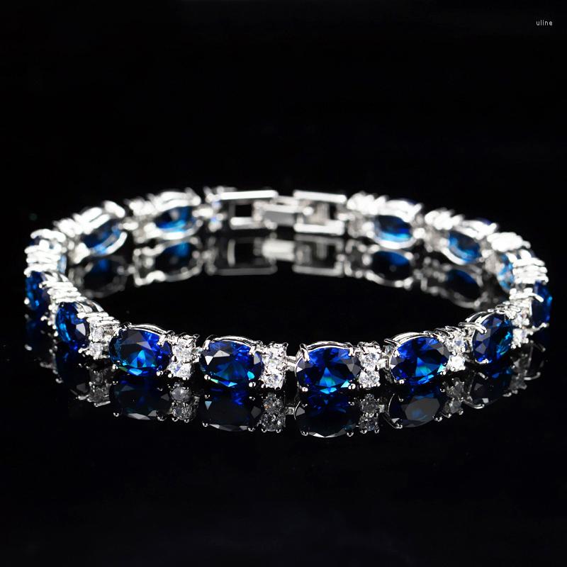 

Link Bracelets ThreeGraces Classic Oval Cut Dark Blue Cubic Zirconia Crystal Silver Color Fashion CZ Tennis Bracelet For Women Jewelry BR015