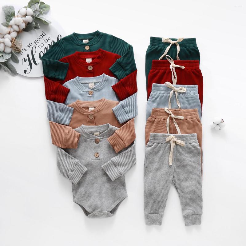 

Clothing Sets Born Baby Girls Boys Long Sleeve Romper Button Bodysuit Stripe Pants Ribbed Pajamas 2Pcs Casual Outfits 0-24M