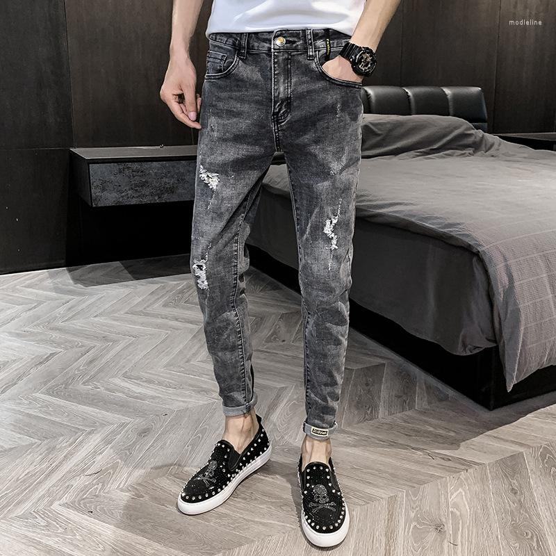 

Men's Pants Men's Jeans Korean Style Trend Slim Feet Ripped Hole 2022 Summer Brand Grey Casual Teenager Cowboy Men Fit, 9153 blue