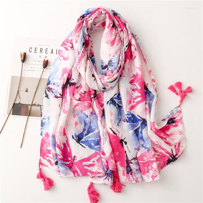 

Scarves VISROVER 2022 Pink Leaf Print Viscose Summer Scarf Woman Luxury Wraps Poncho Beach Shawls Hijab Designer Drop