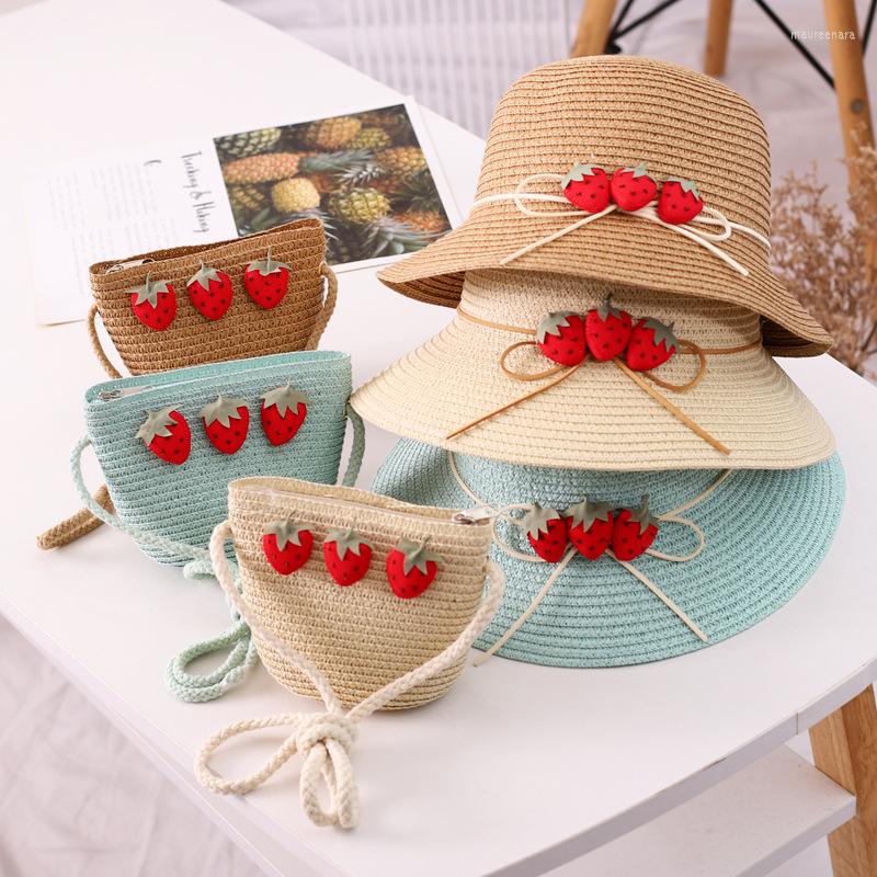 

Berets Kids Baby Outdoor Cartoon Hat And Shoulder Bags Summer Child Girl Holiday Casual Beach Strawberry Straw Sun Cap, Bag white