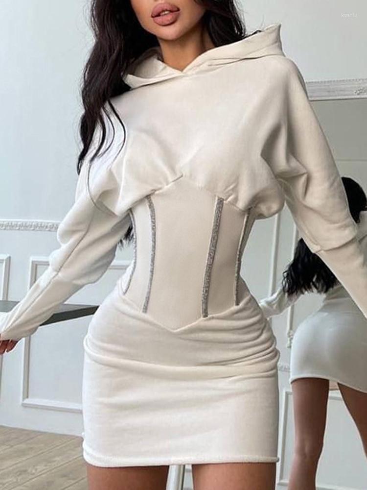 

Casual Dresses Hooded Bodycon Dress White Solid Fitted Patchwork Streetwear Woman Clothes Lantern Sleeve Black Short