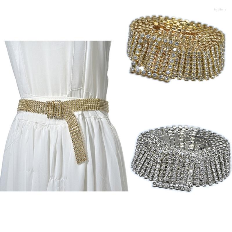 

Belts 9 Rows Women Shiny Rhinestone Wide Waist Belt Golden Silver Buckle Adjustable Waistband Glitter Chain Lady Jewelry Dropship