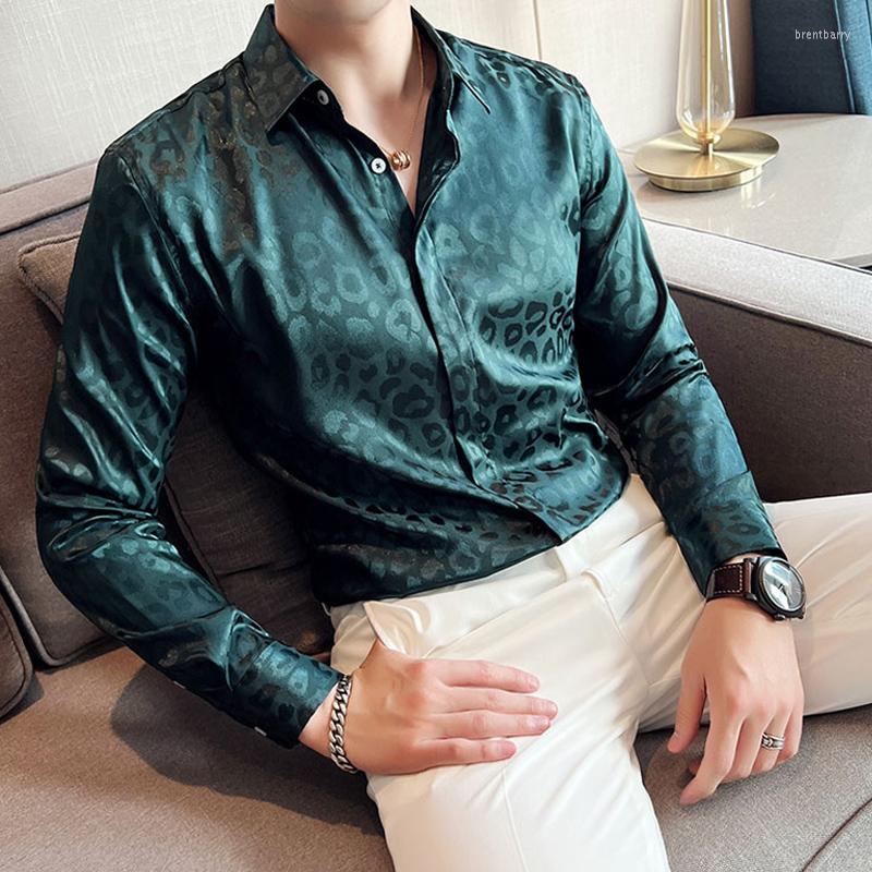 

Men's Casual Shirts Autumn Leopard Print Silky Men Fashion Hidden Buttons Long Sleeve Korean Shirt Night Club/party Slim Chemise Homme, Black