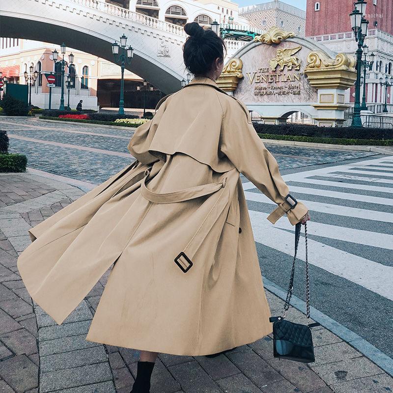 

Women's Trench Coats Windbreaker French Fashion Tunic Belt Retro Loose Double Button Female Overcoat Black Long Tall Women Clothing, Preferred quality