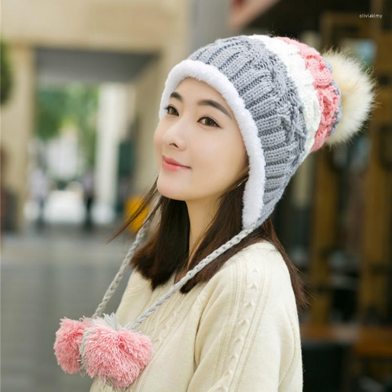 

Berets H7496 Korean Women Thick Plus Velvet Wool Bomber Hat Autumn Winter Warm Knitted Cap Hair Ball Ear Protection Fashion Female Hats, Stylea