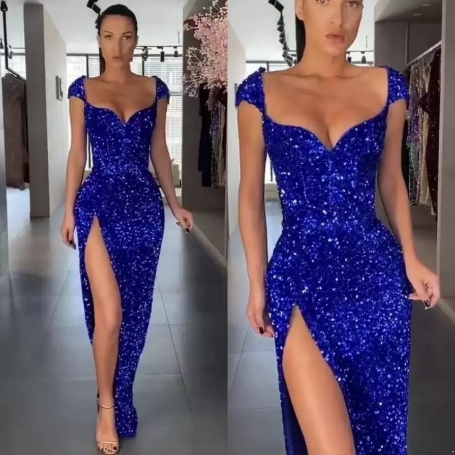 

Royal Blue Prom Dresses Jewel Neck Beaded Sequined Lace Mermaid Evening Dress Sweep Train Custom Illusion Robes De Soiree BC14552, Dark navy