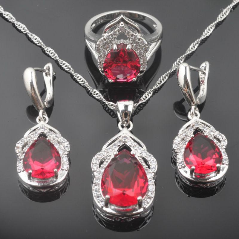 

Necklace Earrings Set Shining Rose Red Zirconia Women's Silver Color Pendant Rings QZ0305, Picture shown