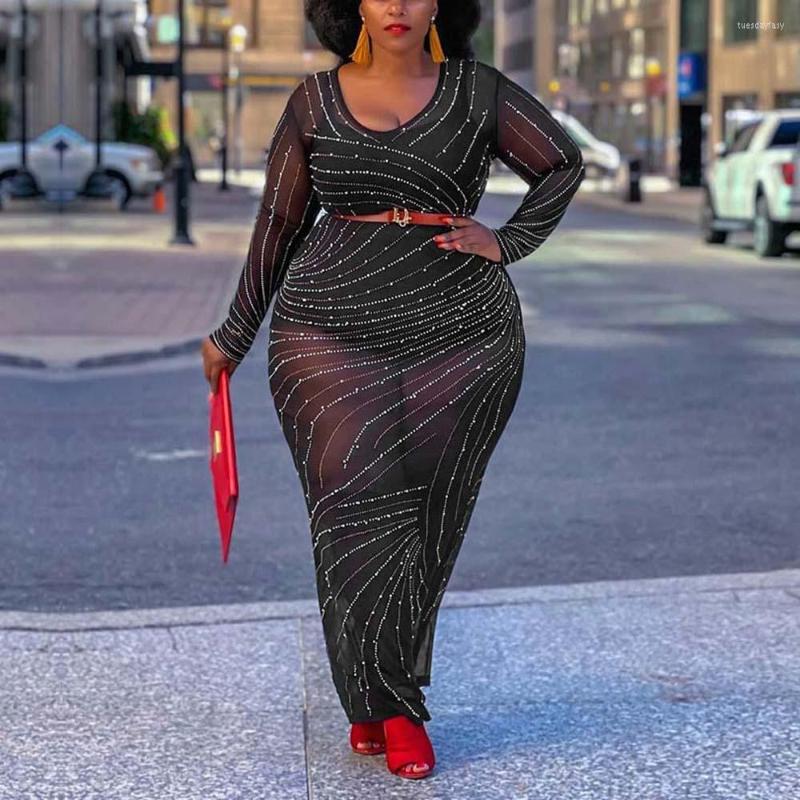 

Plus Size Dresses 4XL 5XL For African Ladies Black Diamond Full Sleeve Bodycon High Waisted Round Neck Ankle Length Elegant Big, Big dress