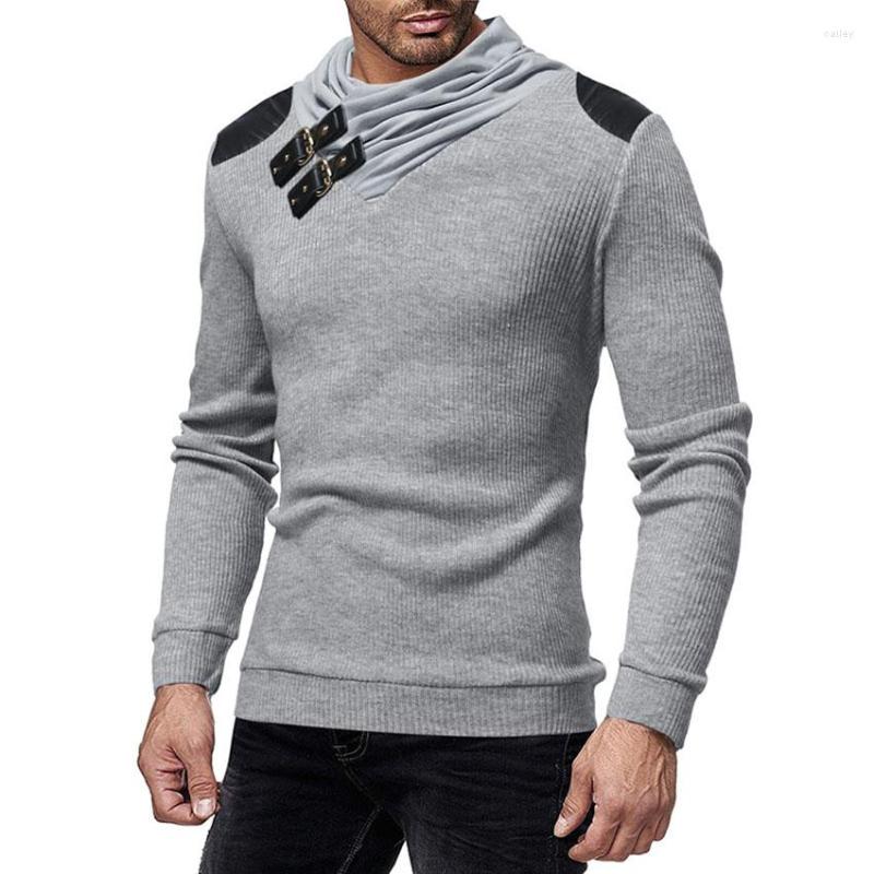

Men's Sweaters Men Men's Fashion Leather Buckle Neckline Splicing Stylish Slim Fit Knitted Long Sleeve Sweater Clothes, Khaki