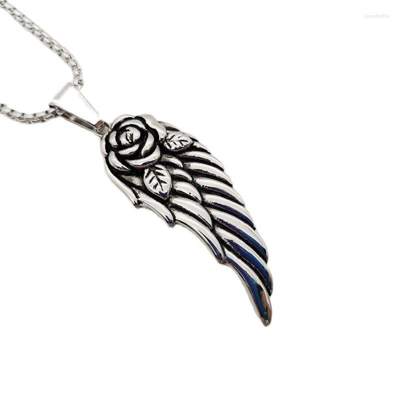 

Pendant Necklaces Vintage 316L Stainless Steel Rose Feather Necklace Gothetic Rock Angel Wing Hip Hop Fashion