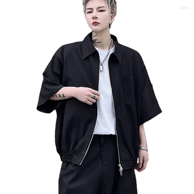 

Men' Casual Shirts Men' Large Designer Zipper Short Sleeve Shirt Fashion Urban Youth Ruffian Handsome Trend Simple Japanese Black Top