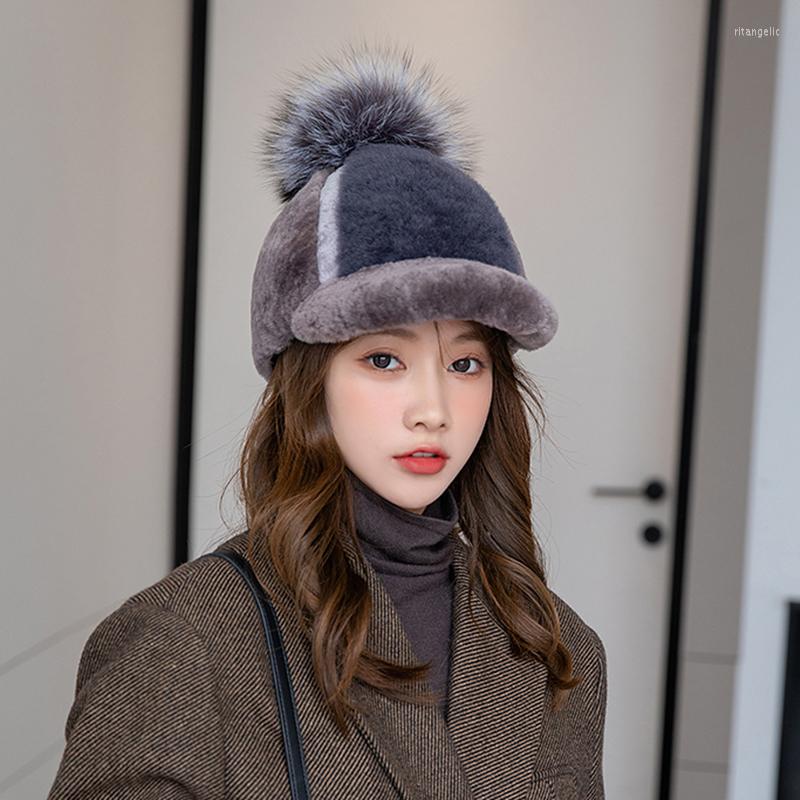

Ball Caps ZDFURS Hat Female Autumn And Winter Wool Integrated Fur Fashion Korean Versatile Knight Baseball Cap, Grey blue