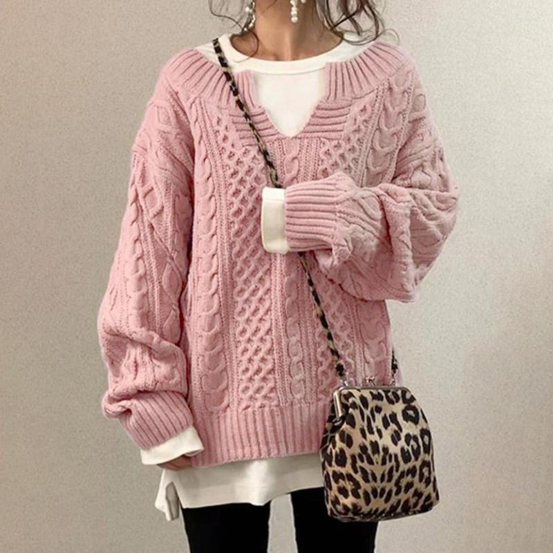 

Women's Sweaters Jumpers Top Sweater Exquisite Knitted Twist Pattern Fake Two Pieces O Neck Women Pullover For Daily Wear, Pink
