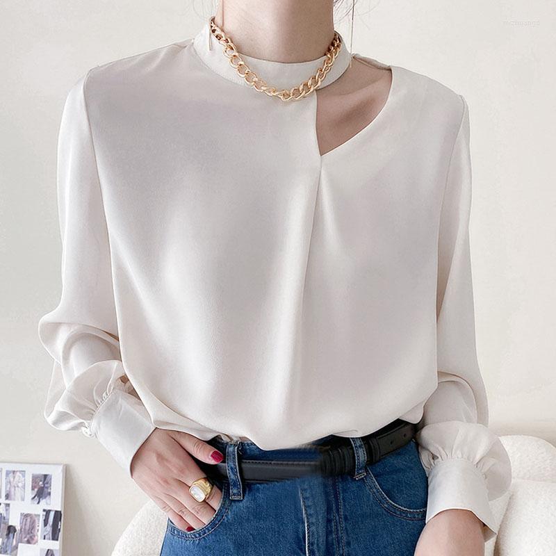 

Women's Blouses Hollow Out Shirt Women's 2022 Spring Elegant Drape Long Sleeve White Black Office Wear Ladies Tops Chiffon Blouse 1551